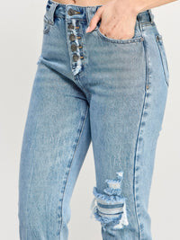 High Rise Button Fly Crop Slim Straight jeans showcasing a vintage button fly and distressed detailing.