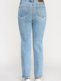 Back view of High Rise Button Fly Crop Slim Straight jeans in light blue wash.