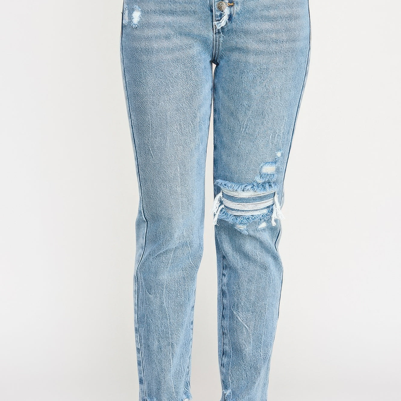 High Rise Button Fly Crop Slim Straight jeans with distressed detailing and button fly in light wash denim.