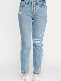 High Rise Button Fly Crop Slim Straight jeans with distressed detailing and button fly in light wash denim.