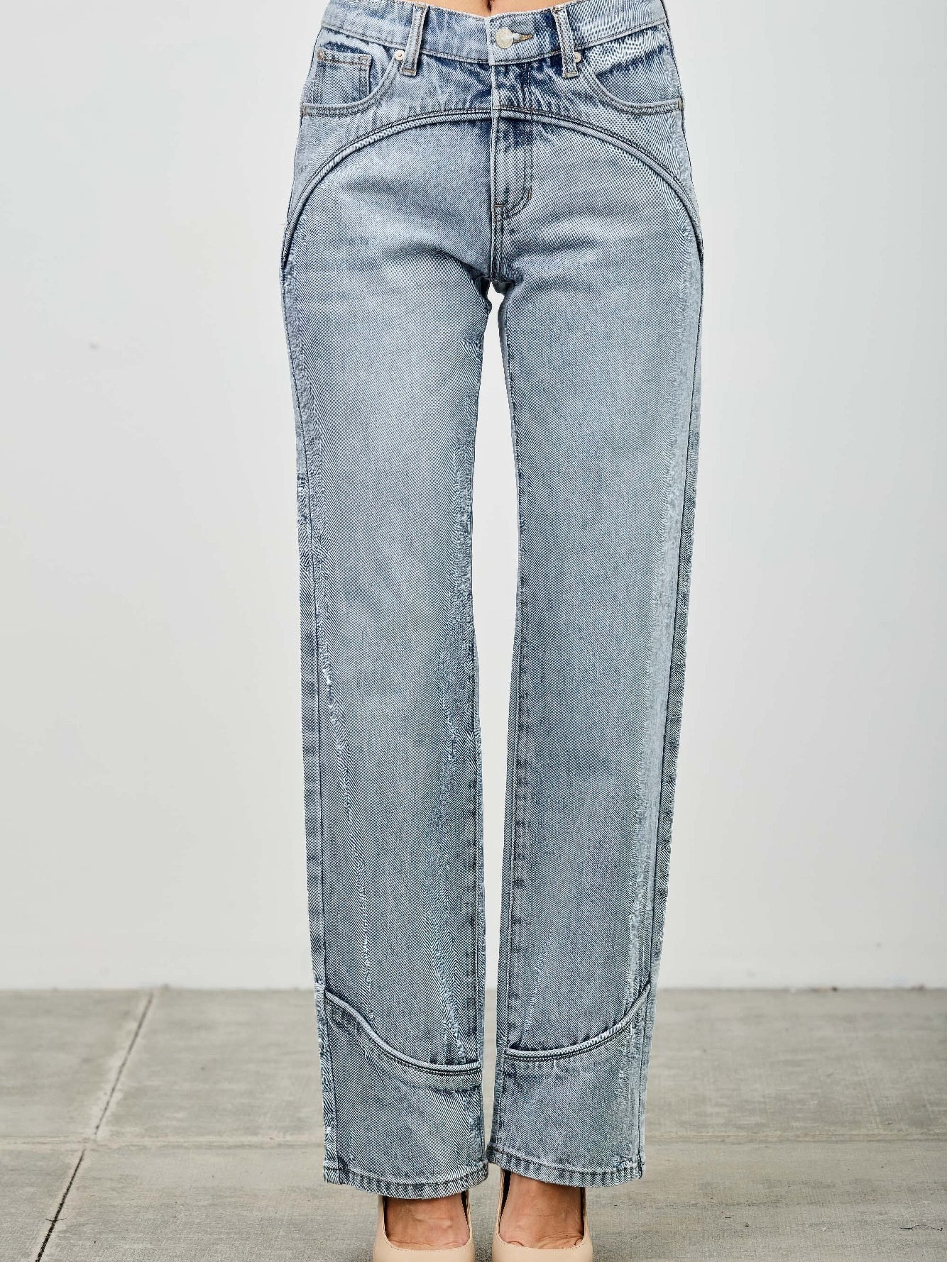 Mid Rise Straight With Piping - stylish mid rise straight jeans featuring subtle piping detail along the seams.