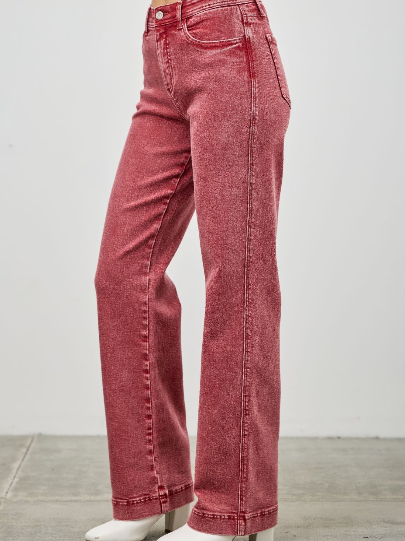 High Rise Slim Wide Straight jeans in red with a flattering high-rise waist and straight leg design.