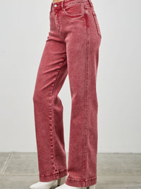 High Rise Slim Wide Straight jeans in red with a flattering high-rise waist and straight leg design.