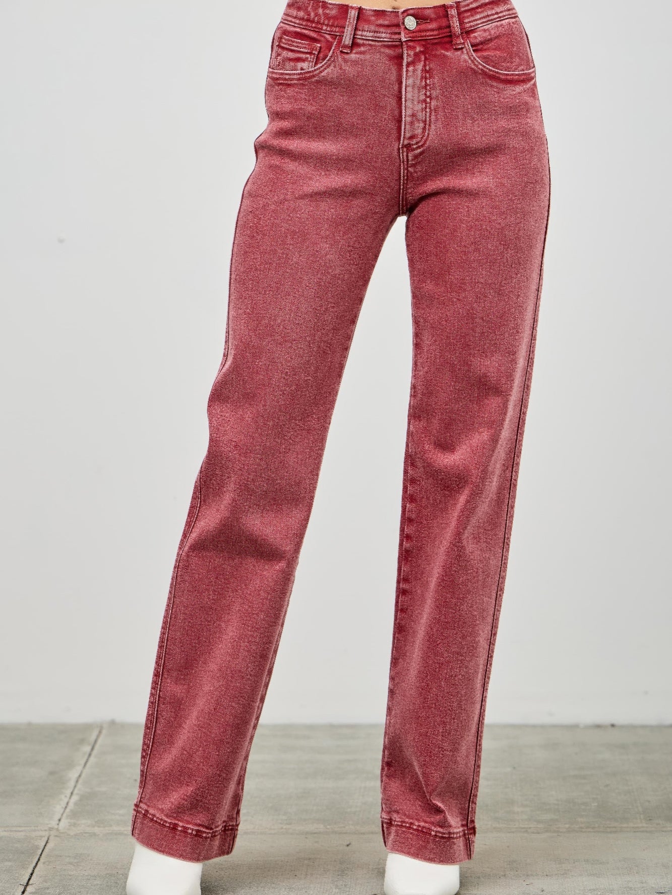 High Rise Slim Wide Straight jeans in red, featuring a modern silhouette and classic ankle-length cut.