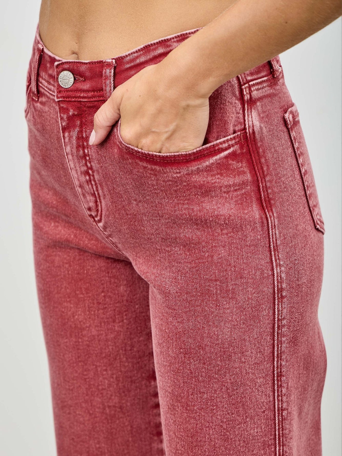 High Rise Slim Wide Straight jeans in a red fabric with a stylish high-rise waist and straight leg design.
