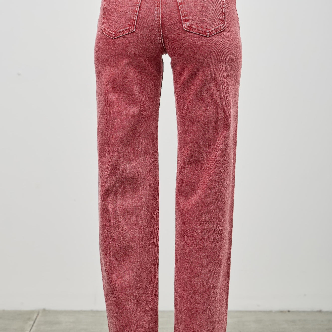 Back view of High Rise Slim Wide Straight jeans in red, featuring a flattering silhouette and ankle-length cut.