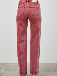 Back view of High Rise Slim Wide Straight jeans in red, featuring a flattering silhouette and ankle-length cut.