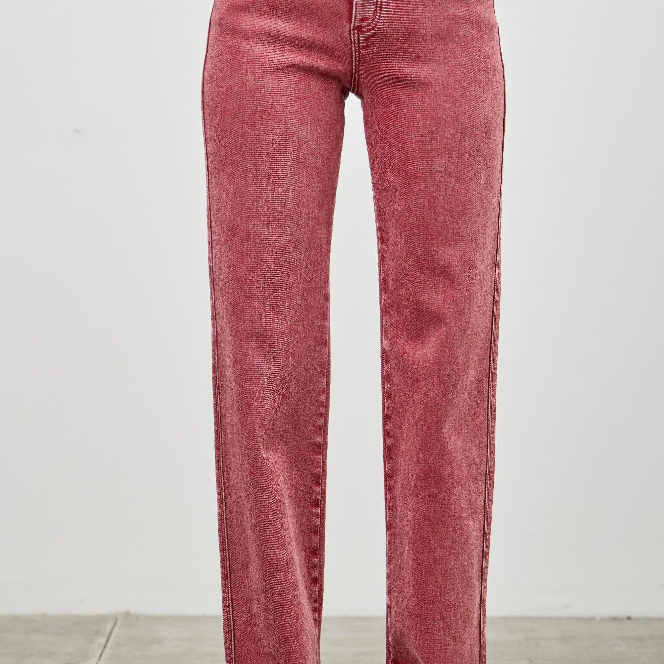 High Rise Slim Wide Straight jeans in red, featuring a flattering high-rise waist and straight leg design.