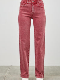 High Rise Slim Wide Straight jeans in red, featuring a flattering high-rise waist and straight leg design.