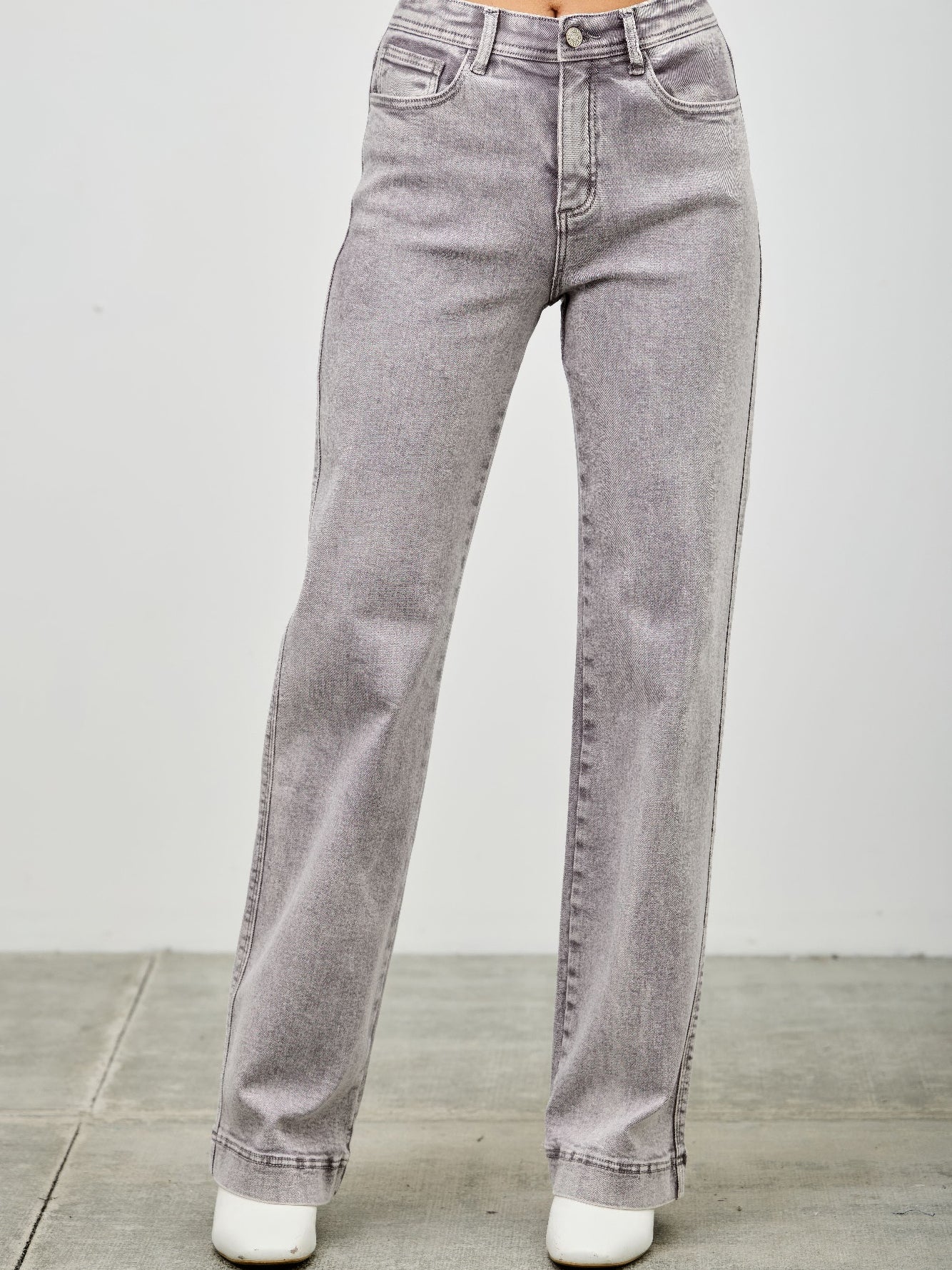High Rise Slim Wide Straight jeans in grey with a flattering high-rise waist and straight leg design.