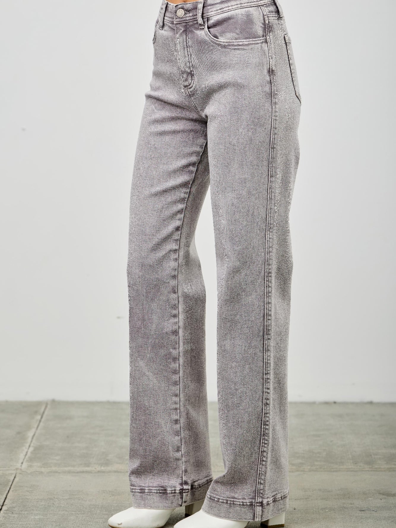 High Rise Slim Wide Straight jeans in grey with high-rise waist and straight leg styling.