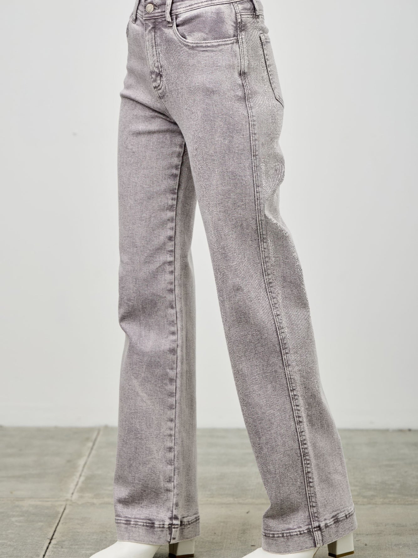 High Rise Slim Wide Straight jeans in soft gray fabric, featuring a flattering silhouette and ankle-length cut.
