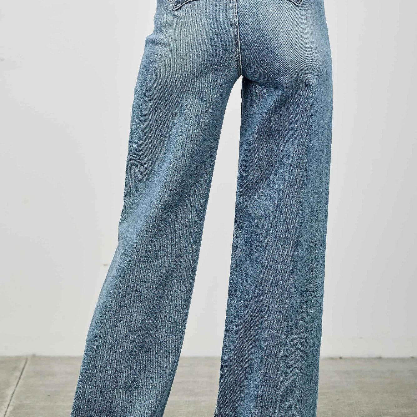 High Rise Double Pocket Wide Leg jeans featuring a back view with a wide leg silhouette.