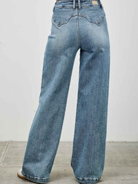 High Rise Double Pocket Wide Leg jeans featuring a back view with a wide leg silhouette.