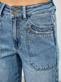 High Rise Double Pocket Wide Leg jeans featuring a high-rise waist, double front pockets, and a relaxed wide leg fit.
