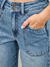 High Rise Double Pocket Wide Leg jeans featuring double front pockets and a high-rise waist for a stylish look.