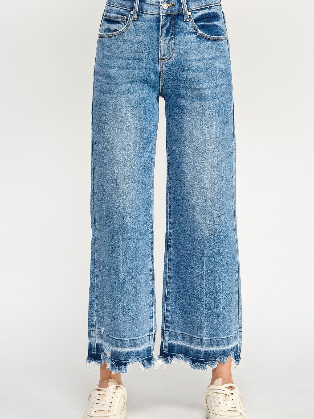 Tummy Control High Rise Crop Wide W/ Released Hem in a relaxed style with wide-leg silhouette and frayed hem.