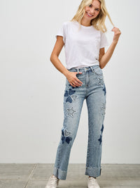 High Rise Star & Heart Patched Dad Jean W/stretch model wearing denim with star and heart patches.