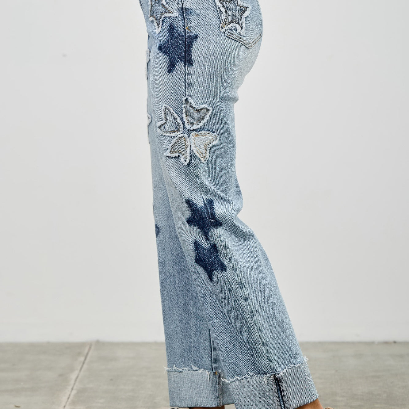 High Rise Star & Heart Patched Dad Jean W/stretch featuring playful star and heart patches in a relaxed fit.