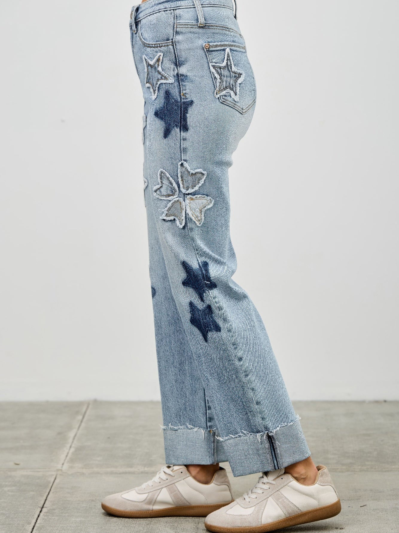 High Rise Star & Heart Patched Dad Jean W/stretch featuring playful star and heart patches in a relaxed fit.