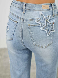 High Rise Star & Heart Patched Dad Jean W/stretch with unique star patch design on back pockets.
