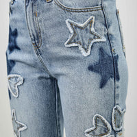 High Rise Star & Heart Patched Dad Jean W/stretch featuring playful star patchwork detail on denim.