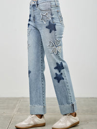 High Rise Star & Heart Patched Dad Jean W/stretch featuring star patches and a relaxed fit.