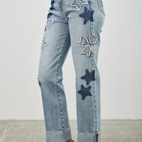 High Rise Star & Heart Patched Dad Jean W/stretch featuring playful star patches in a relaxed fit.