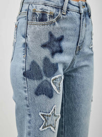High Rise Star & Heart Patched Dad Jean W/stretch featuring playful star patches on denim.