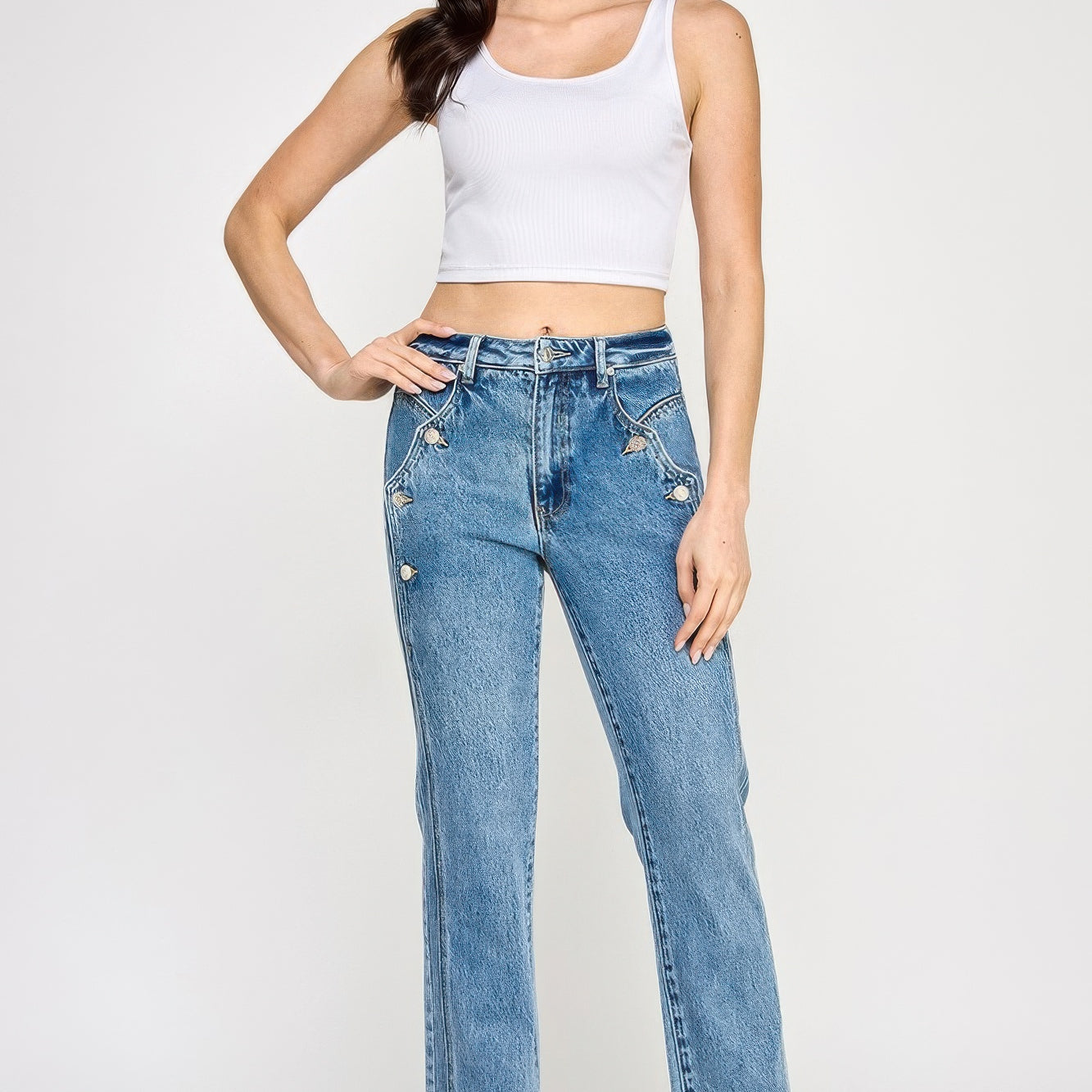 Model wearing High Rise Dad Jean With Scallop Pocket, showcasing a relaxed fit and scalloped front pockets.