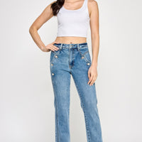 Model wearing High Rise Dad Jean With Scallop Pocket, showcasing a relaxed fit and scalloped front pockets.