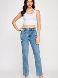 Model wearing High Rise Dad Jean With Scallop Pocket, showcasing a relaxed fit and scalloped front pockets.