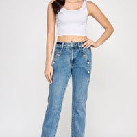 Model wearing High Rise Dad Jean With Scallop Pocket paired with a white crop top.