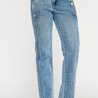 High Rise Dad Jean With Scallop Pocket in light wash denim with unique scalloped pockets.