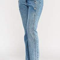 High Rise Dad Jean With Scallop Pocket showcasing unique scalloped pockets and a relaxed straight-leg fit.