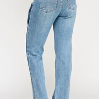 High Rise Dad Jean With Scallop Pocket, back view showcasing the structured fit and relaxed straight-leg cut.