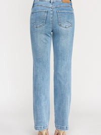 High Rise Dad Jean With Scallop Pocket - Back view showcasing straight-leg fit and unique pocket detail.