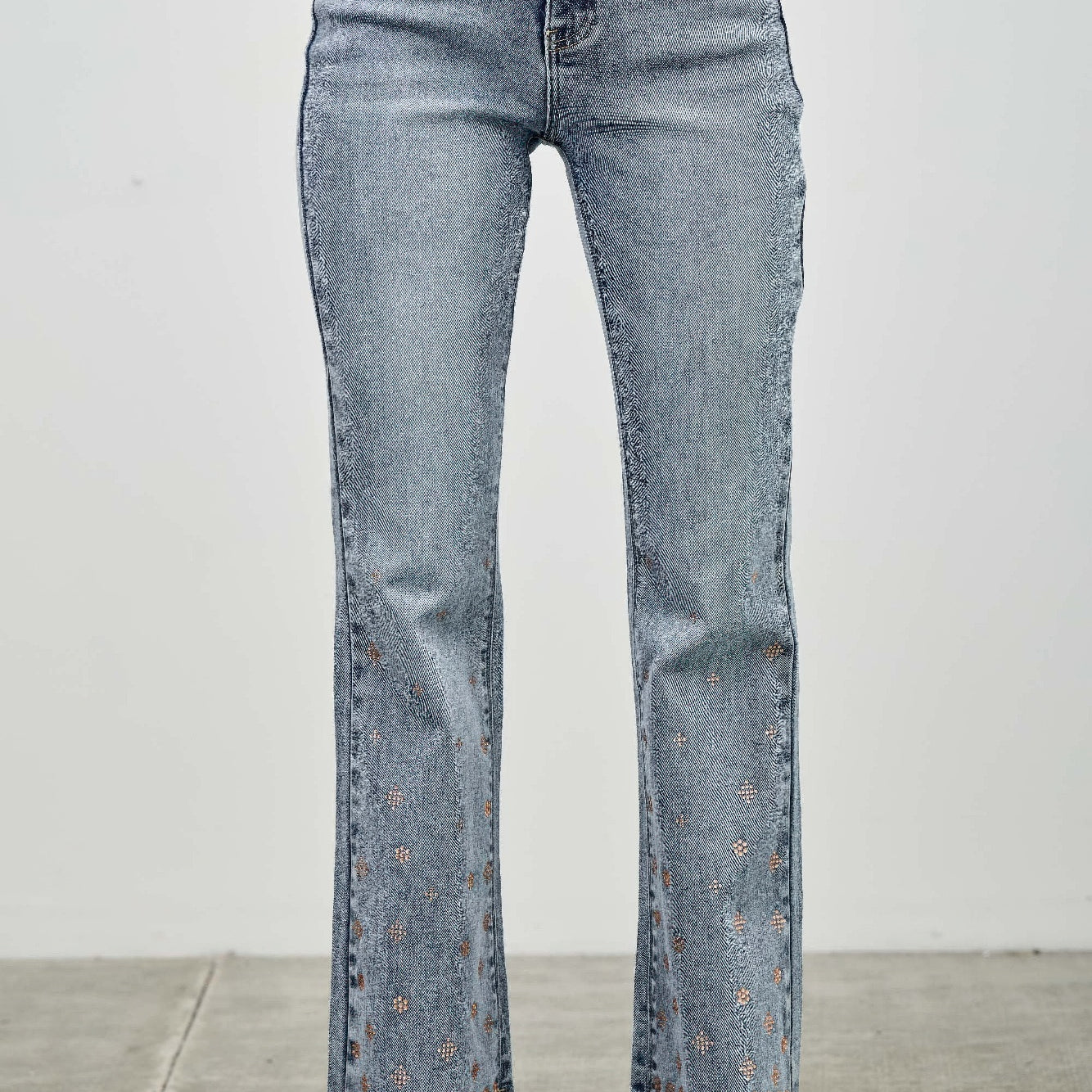 High Rise Kick Flare With Rhinestone featuring a flattering high-rise waist and subtle rhinestone embellishments.