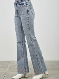 High Rise Kick Flare With Rhinestone jeans featuring subtle rhinestone embellishments and a flattering fit.