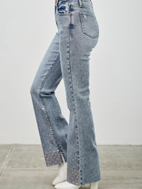 High Rise Kick Flare With Rhinestone featuring rhinestone embellishments and a stylish flare.