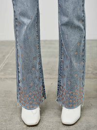 High Rise Kick Flare With Rhinestone adorned denim jeans, featuring subtle rhinestone embellishments and a modern fit.