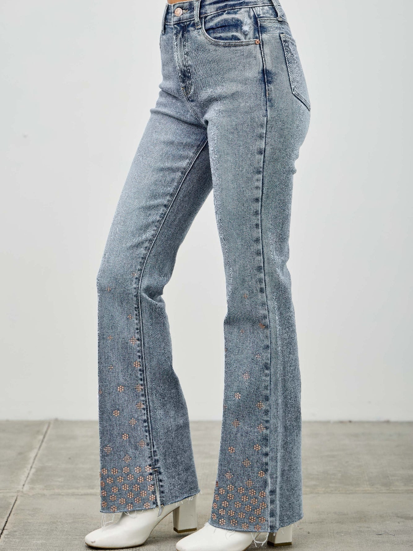 High Rise Kick Flare With Rhinestone featuring subtle rhinestone embellishments and a flattering high-rise waist.