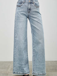 High Rise Wide Leg jeans in light wash with a relaxed fit and classic five-pocket styling.