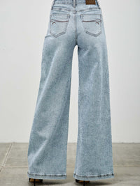 High Rise Wide Leg jeans featuring a flattering silhouette and comfortable fit, showcasing a back view.