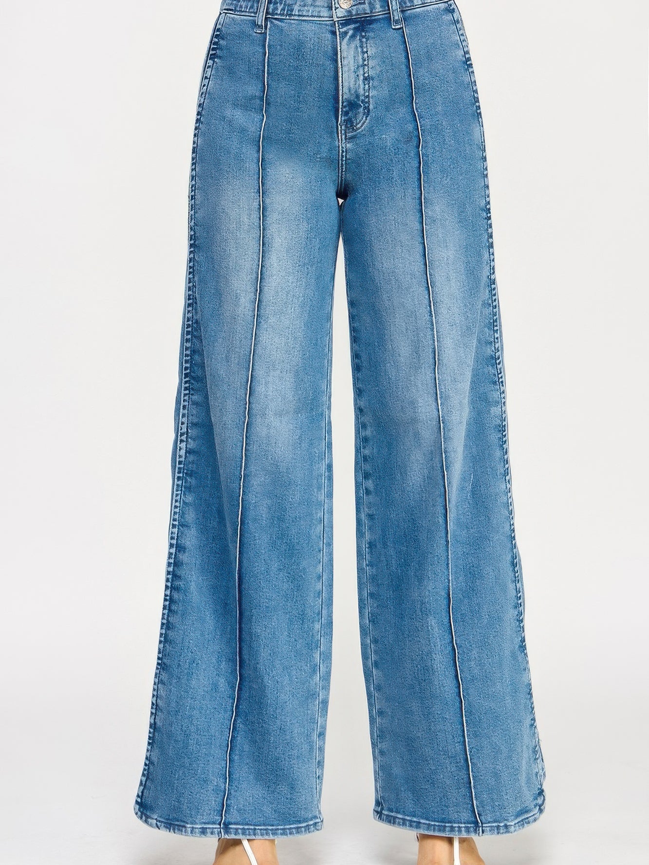 High Rise Wide Leg With Tummy Control jeans showcasing a flattering, structured fit and wide leg silhouette in light denim.