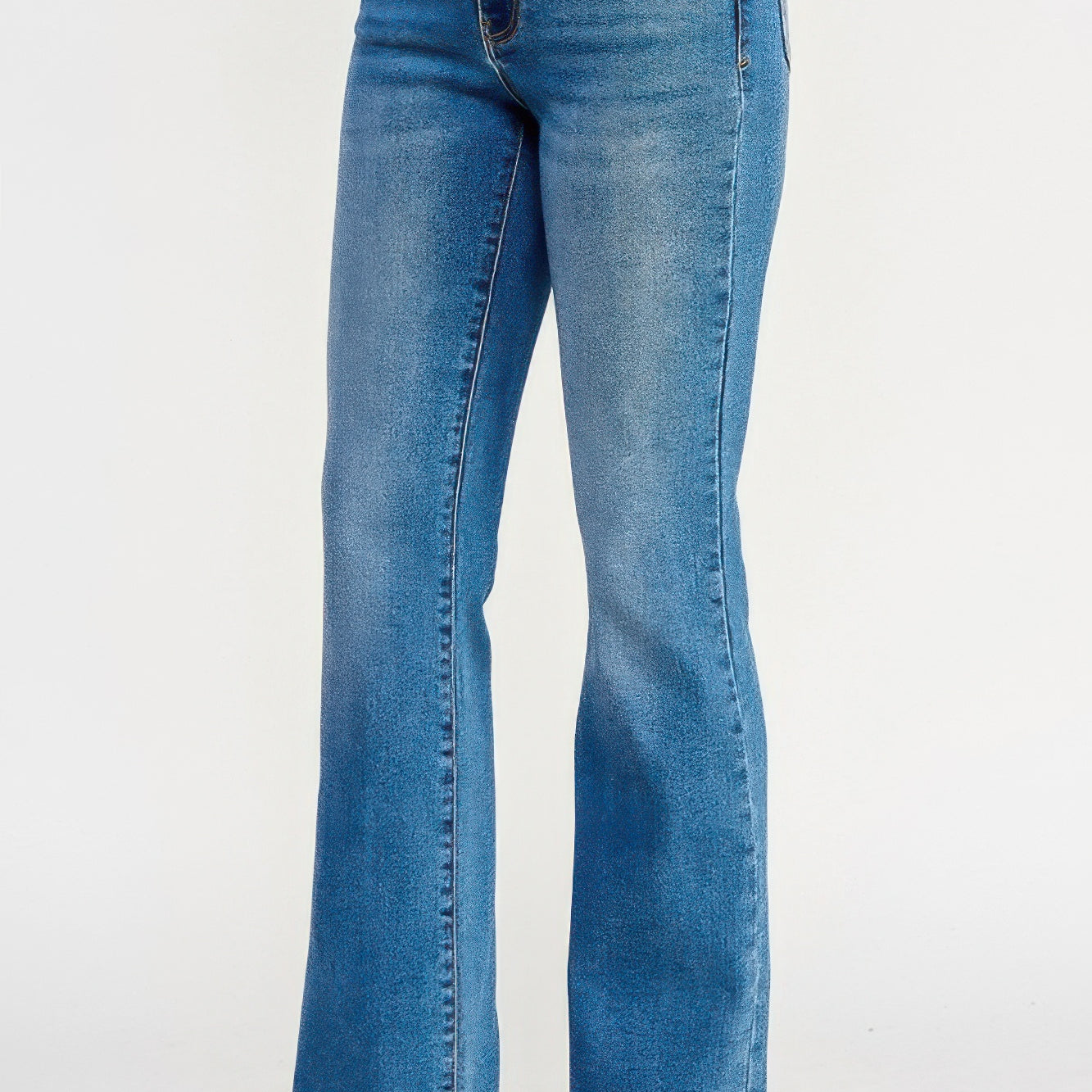 Tummy Control Mid Rise Skinny Bootcut jeans shown in blue, featuring a flattering bootcut design.