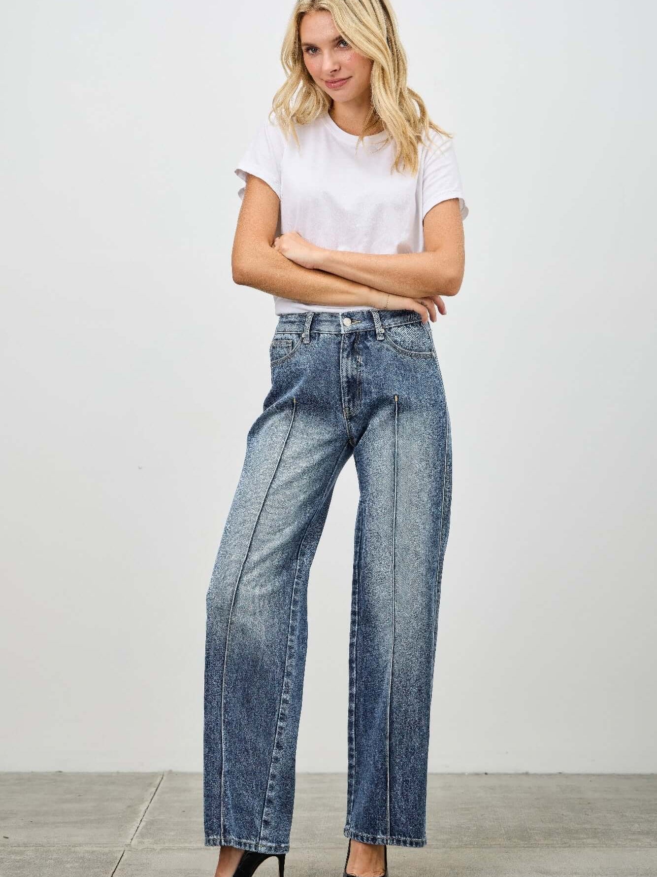 Mid Rise Straight With Pintuck jeans on a model, showcasing refined pintuck detailing and a flattering fit.