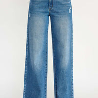 High Rise Double Waist Wide Leg jeans featuring a unique double waistband and wide leg cut, perfect for a stylish look.