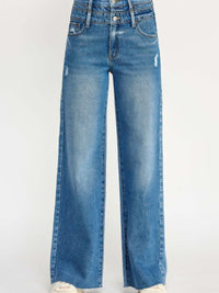 High Rise Double Waist Wide Leg jeans featuring a unique double waistband and wide leg cut, perfect for a stylish look.