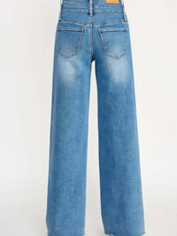 High Rise Double Waist Wide Leg jeans showing back view with wide leg cut and unique double waistband.